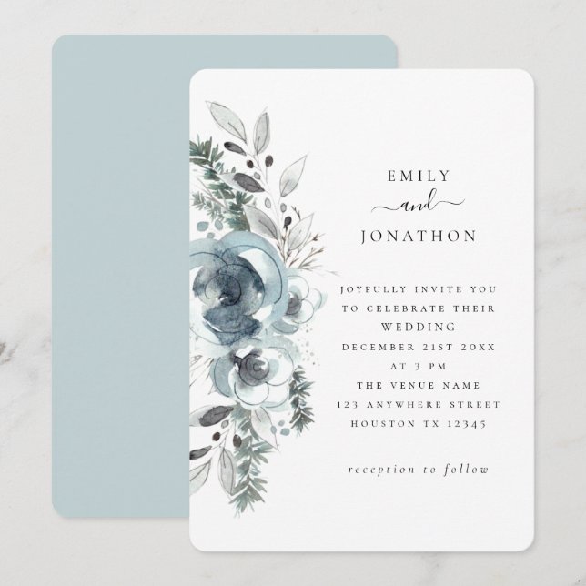 Invitación Boda de Blue Winter Florals (Anverso / Reverso)