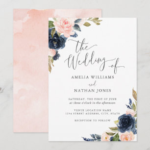 Invitación Boda de Blush Naval de Acuarela Floral Moderna