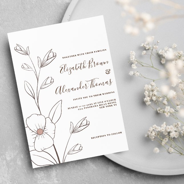Invitación boda de boceto de flores marrón rosa y blanco mini (Minimalist white pink brown flowers sketch wedding invitation)