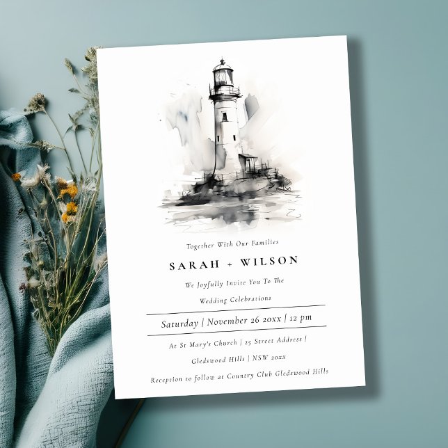 Invitación Boda de boceto náutico del faro blanco y negro (Subido por el creador)