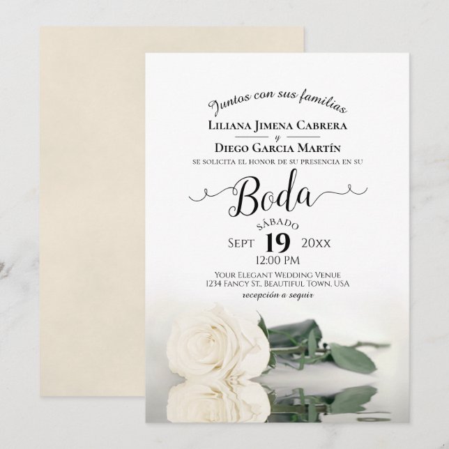 Invitación Boda de Boda en español romántico y rosa blanco (Anverso / Reverso)