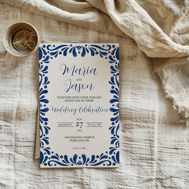 Invitación Boda de Boda Estética Clásica Floral Azul Mexicana (Mexican Blue Floral Classic Aesthetic Boda Wedding Invitation)