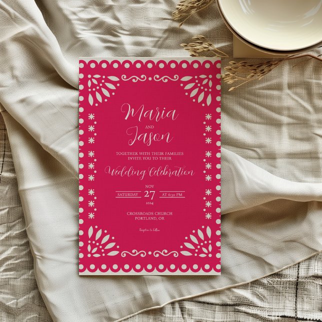 Invitación Boda de Boda Tradicional de Papel Rosa Mexicano (Mexican Pink Papel Picado Traditional Boda Wedding Invitation)