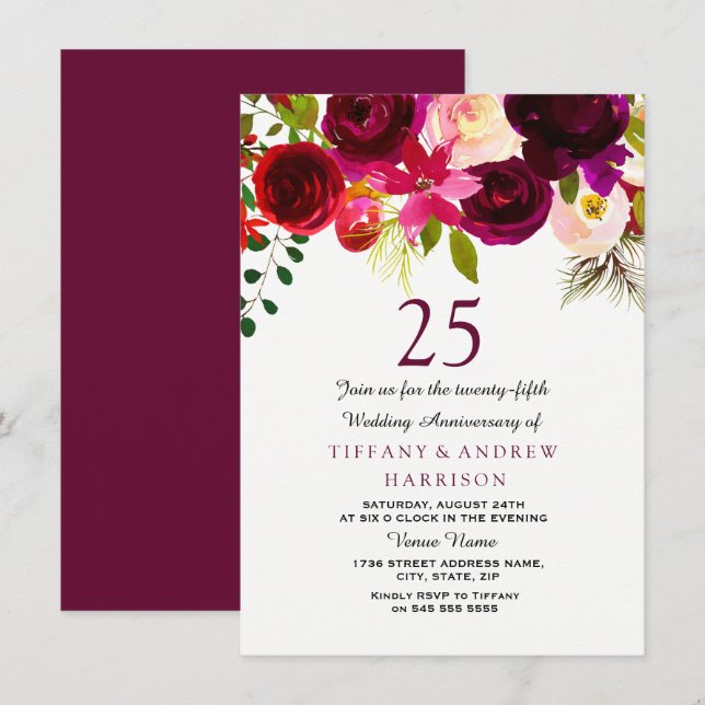 Invitación Boda de bodas de terciopelo rojo floral Boho 25 an (Anverso / Reverso)
