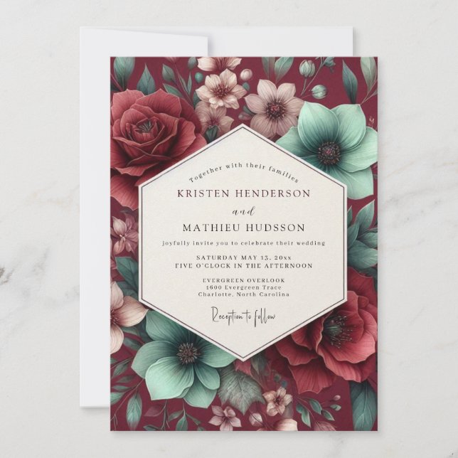 Invitación Boda de Bodegón de Agua Burgundy (Anverso)