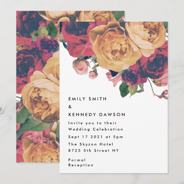 Invitación Boda de Boho Botánico Moderno Rojo Floral (Anverso / Reverso)