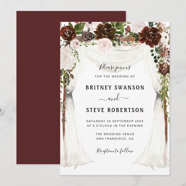 Invitación boda de boho burgundy floral (Anverso / Reverso)