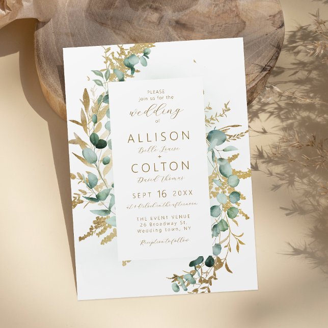 Invitación Boda de boho de oro de eucalipto rústico (Rustic eucalyptus gold greenery boho wedding invitation)