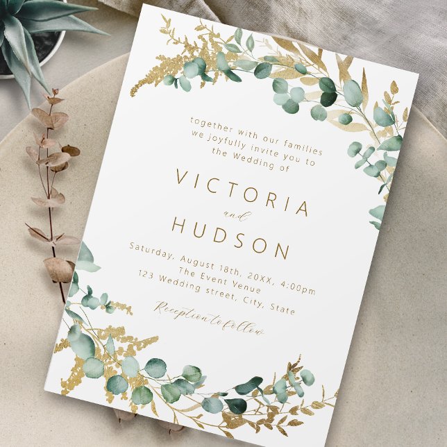 Invitación Boda de boho de oro de eucalipto rústico (Subido por el creador)