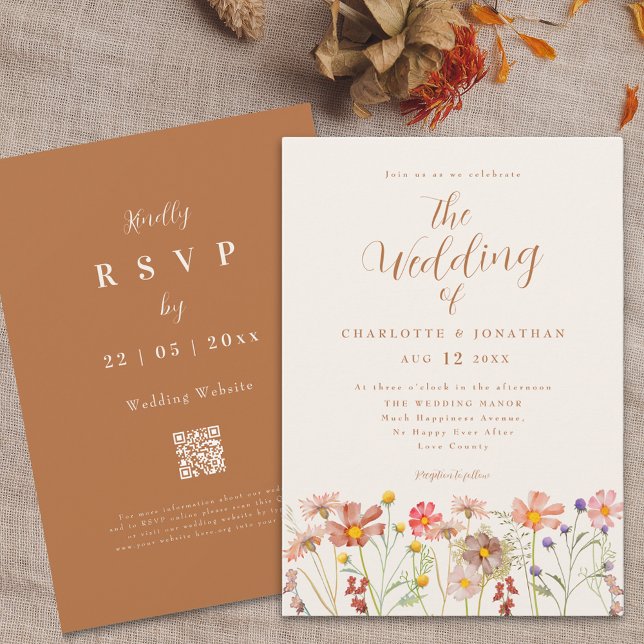 Invitación Boda de Boho Fall Wildflower (Boho fall Wildflower meadow terracotta burnt orange Wedding invitation with elegant modern script )