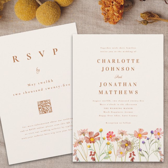 Invitación Boda de Boho Fall Wildflower (Boho fall wildflower wedding invitation watercolor autumn florals terracotta beige burnt orange)