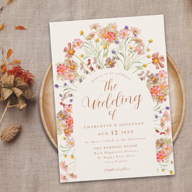 Invitación Boda de Boho Fall Wildflower Terracotta (Boho fall wildflower terracotta burnt orange wedding invitation with elegant arch and modern script )