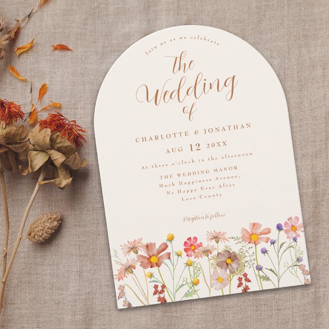 Invitación Boda de Boho Fall Wildflower Terracotta (Boho fall wildflower country meadow wedding invitation with elegant script watercolor florals )
