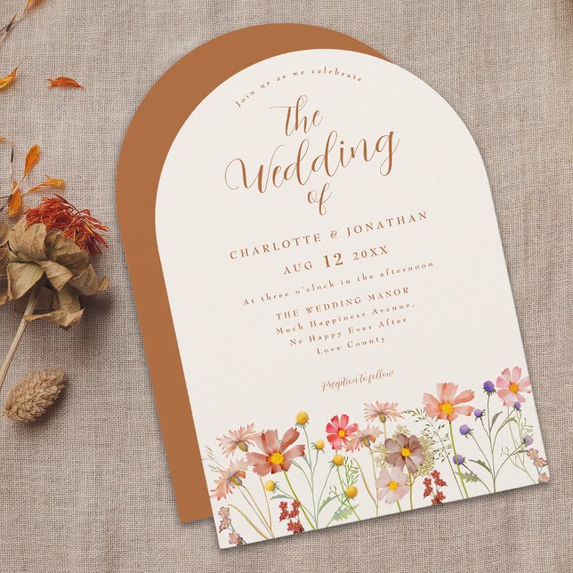 Invitación Boda de Boho Fall Wildflower Terracotta (Boho fall Wildflower arch terracotta burnt orange Wedding invitation with elegant script)