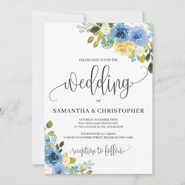 Invitación Boda de boho floral amarillo azul romántico (Anverso)