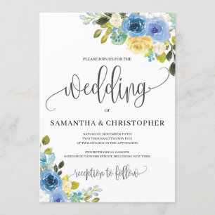 Invitación boda de boho floral amarillo azul romántico