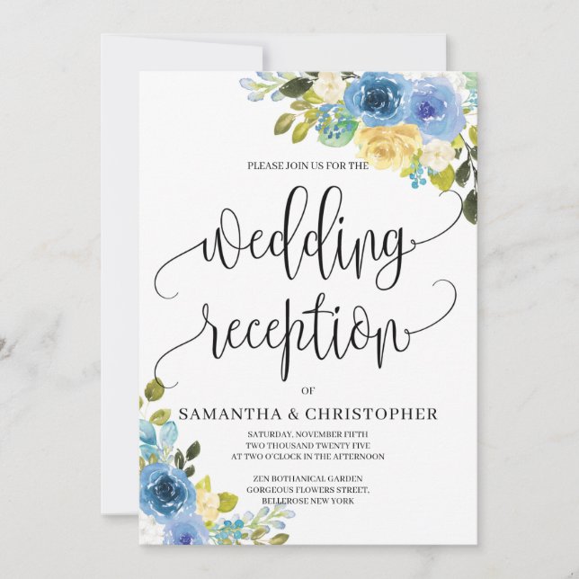 Invitación boda de boho floral amarillo azul romántico (Anverso)