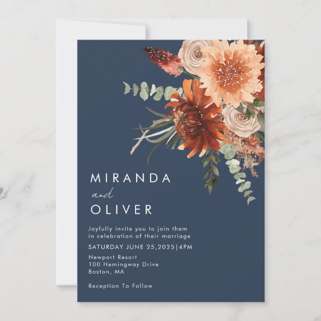 Invitación Boda de Boho Floral Azul de la Marina (Anverso)