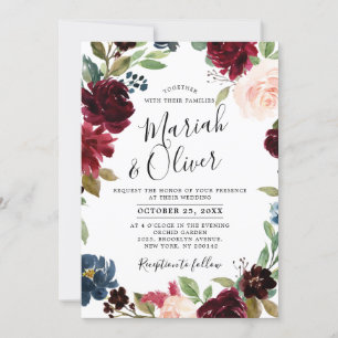 Invitación Boda de Boho Floral Azul de la Marina Roja de Borg