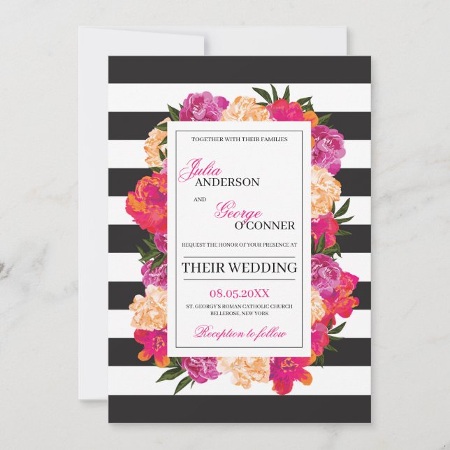 Invitación Boda de boho floral de fucsia rosa adorable (Anverso)