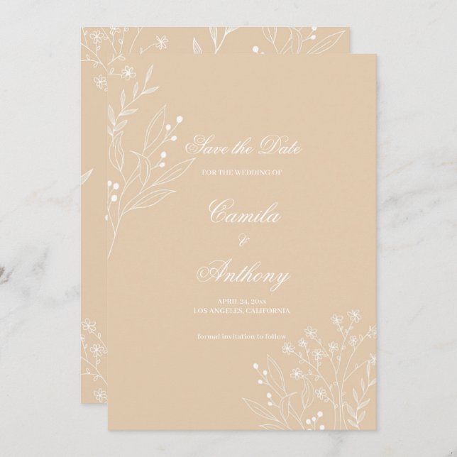Invitación Boda de Boho floral de la esquina blanca beige (Anverso / Reverso)