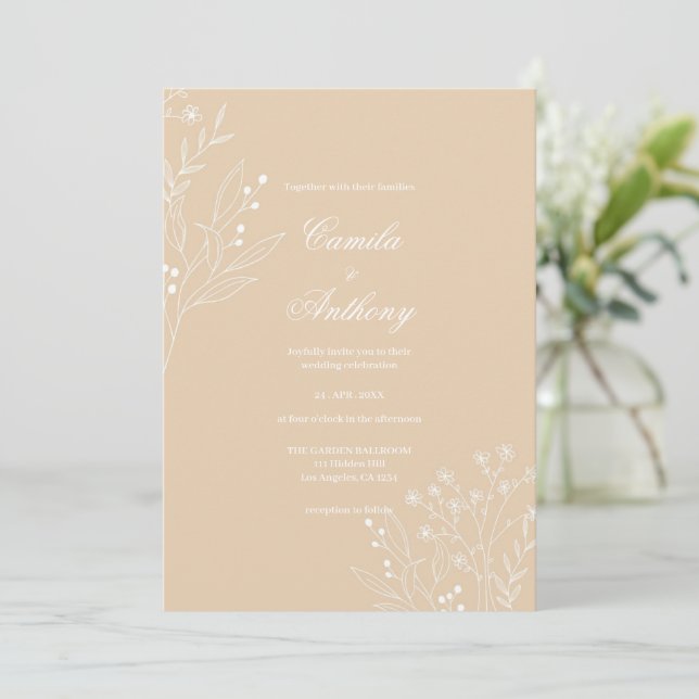Invitación Boda de Boho floral de la esquina blanca beige (Anverso de pie)