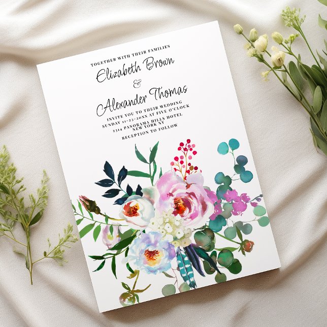 Invitación Boda de boho floral de peony blanco verde de menta (Pink mint green white peony floral boho wedding)