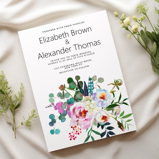 Invitación Boda de boho floral de peony verde verde azulado b (White pink teal green peony floral boho wedding)