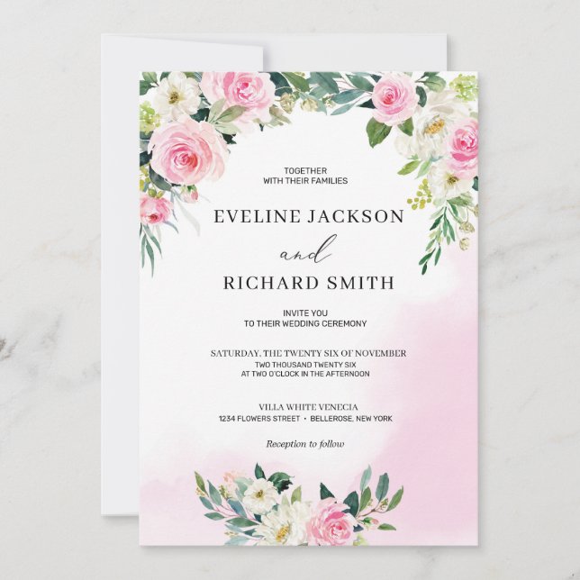 Invitación Boda de boho follage floral rosa brillante (Anverso)