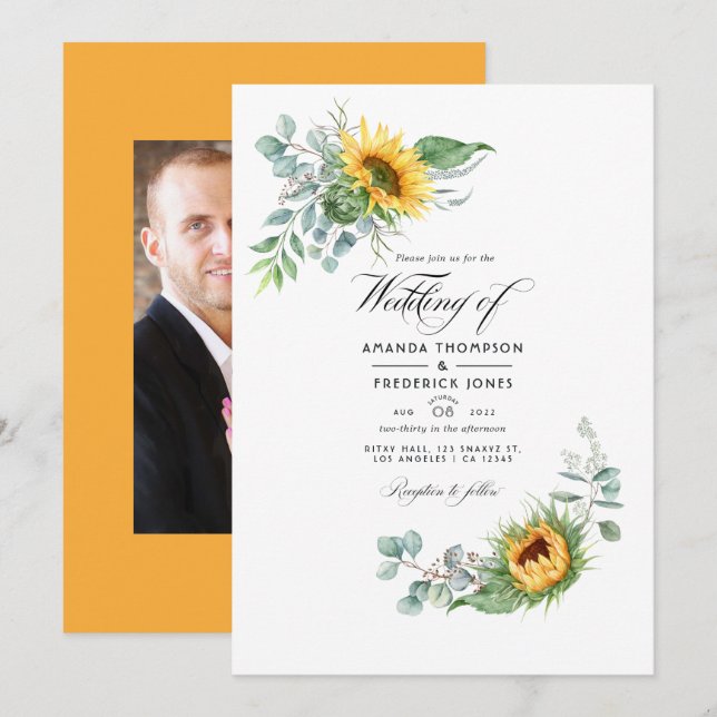 Invitación Boda de Boho Girasol Eucalipto Foto (Anverso / Reverso)