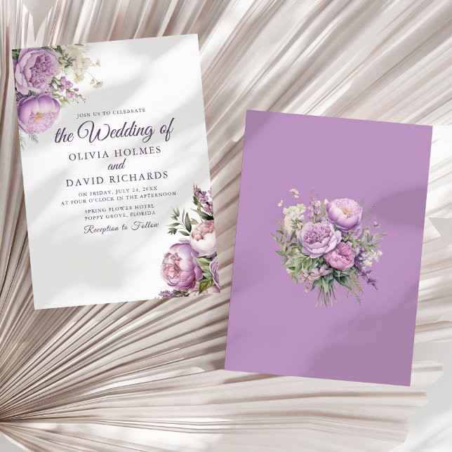 Invitación Boda de Boho Lilac Peonies (Boho Lilac Peonies Wedding Invitation on a neutral dry palm leaf.)