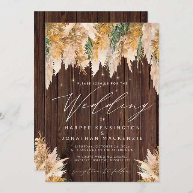 Invitación Boda de Boho Pampas Grass Wood Twinkle Lights (Anverso / Reverso)