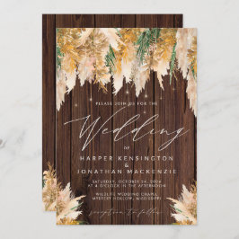 Invitación Boda de Boho Pampas Grass Wood Twinkle Lights