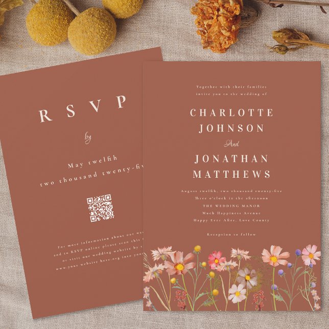 Invitación Boda de Boho Rustic Wildflower Terracotta Beige (Boho wildflower rustic burnt orange terracotta fall wedding invitation with qr code)