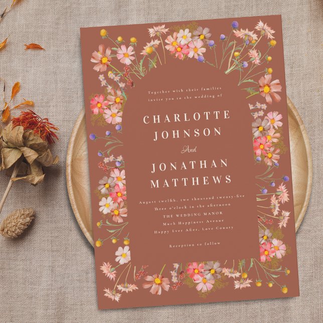 Invitación Boda de Boho Rustic Wildflowers Naranja quemada (Boho wildflower rustic burnt orange fall wedding invitation Watercolor florals elegant modern design)