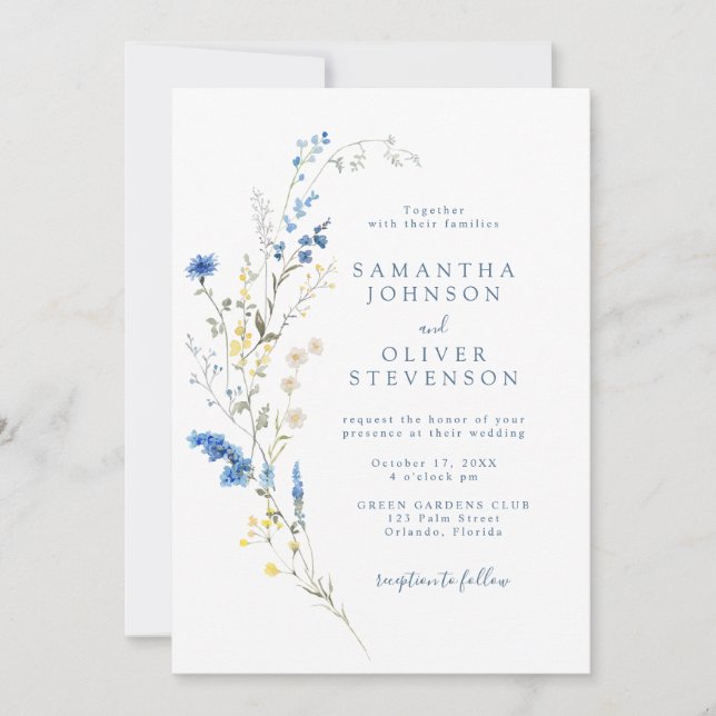 Invitación Boda de Boho Rústico de Flor Silvestre Azul Polvo  (Anverso)