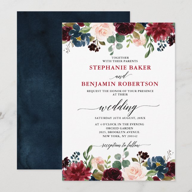 Invitación Boda de Boho Rústico Floral Azul de la Marina Roja (Anverso / Reverso)