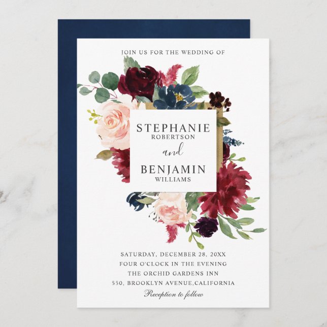 Invitación Boda de Boho Rústico Floral de la Marina Roja de B (Anverso / Reverso)