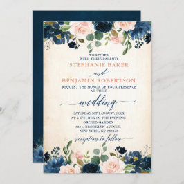Invitación Boda de Boho Rústico Rosa Rosa Azul de la Marina