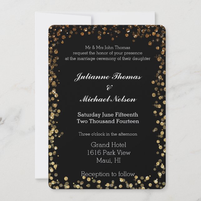 Invitación Boda de Bokeh, Purpurina de Black and Gold Faux (Anverso)