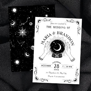 Invitación Boda de bola de cristal de luna mágica en blanco y