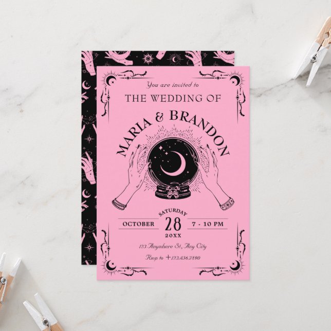 Invitación Boda de bola de cristal de luna mágica rosa negro (Anverso/Reverso In Situ)