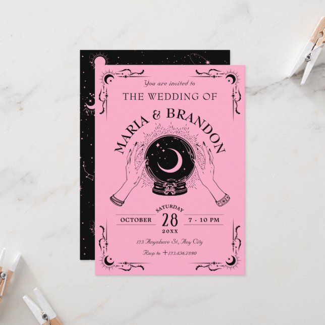 Invitación Boda de bola de cristal de luna mágica rosa negro (Anverso/Reverso In Situ)