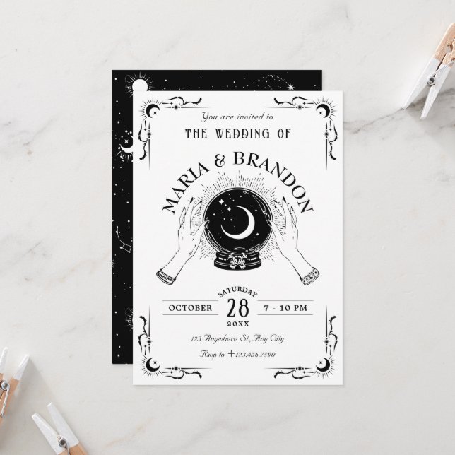 Invitación Boda de bola de cristal mágico blanco y negro (Anverso/Reverso In Situ)