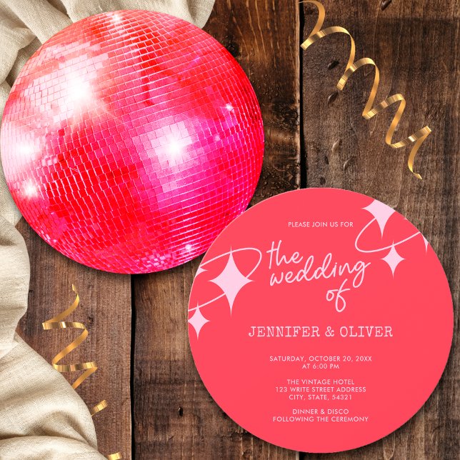 Invitación Boda de Bola de Disco Rosa Naranja Retro (Front and Back)