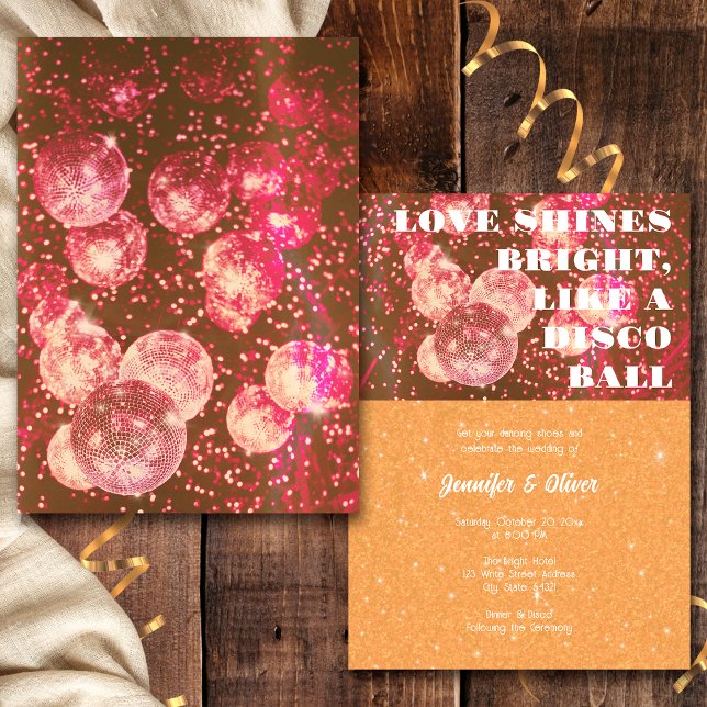 Invitación Boda de Bola de Discoteca Retro Naranja y Rosa Cal (Front and Back)