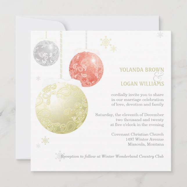 Invitación Boda de bolas de Navidad rojo Silver Gold (Anverso)