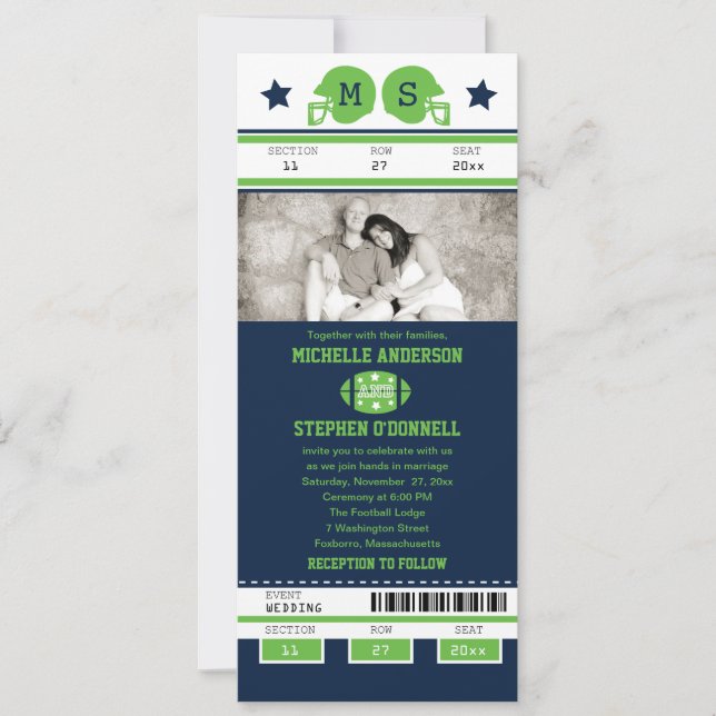 Invitación Boda de boletos de fútbol azul y verde limón (Anverso)