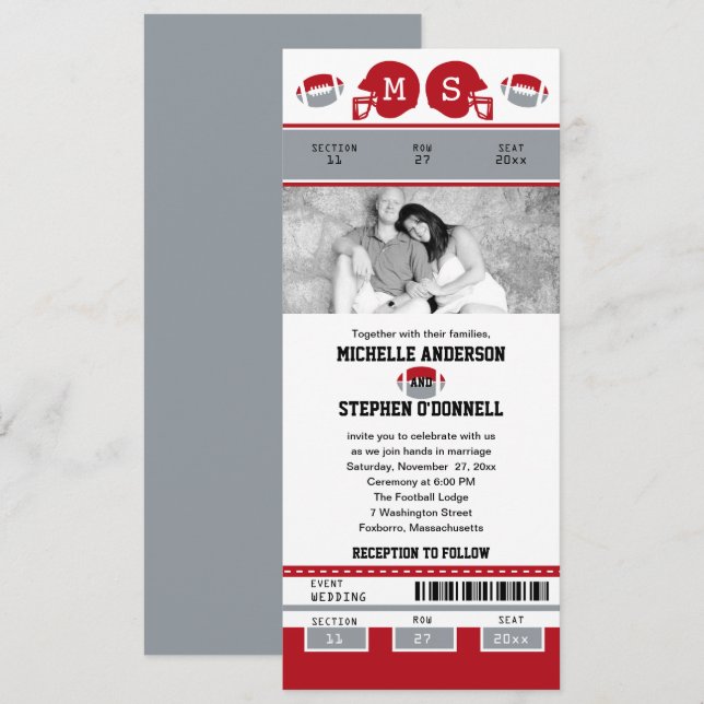Invitación Boda de boletos de fútbol gris y rojo (Anverso / Reverso)