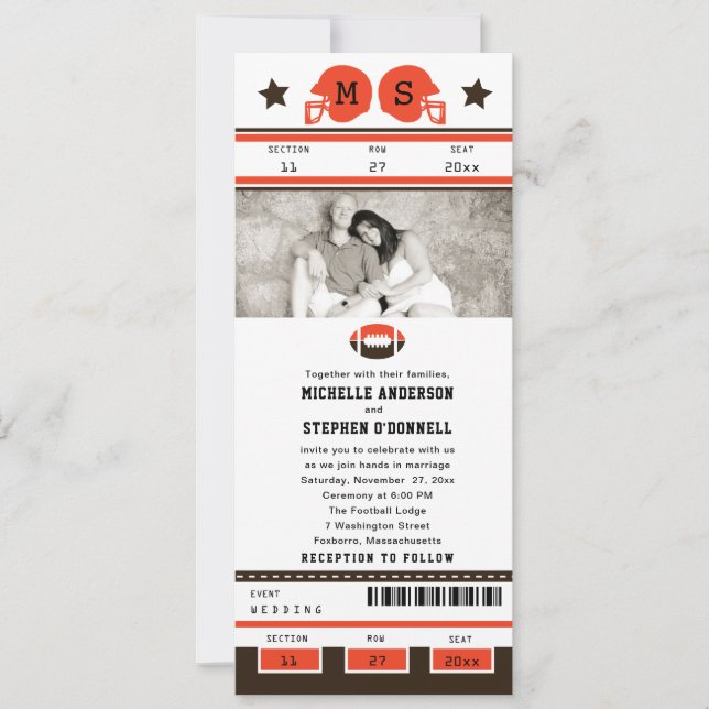 Invitación Boda de boletos de Naranja marrón y brillante (Anverso)